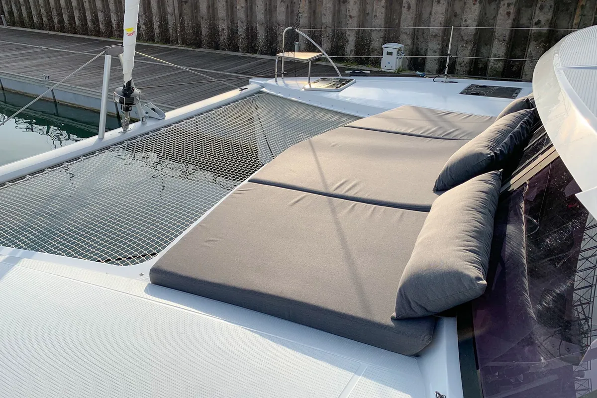 Deck of Merengue, a Fountaine Pajot Lucia 40 catamaran at Tivat, Montenegro