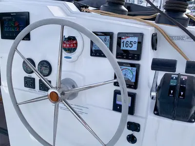 Cockpit of Merengue, a Fountaine Pajot Lucia 40 catamaran at Tivat, Montenegro