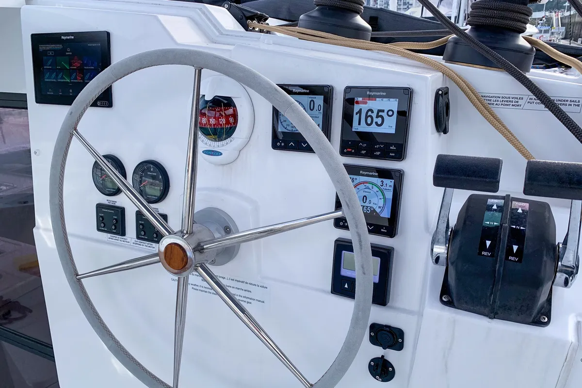 Cockpit of Merengue, a Fountaine Pajot Lucia 40 catamaran at Tivat, Montenegro