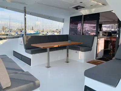 Deck of Merengue, a Fountaine Pajot Lucia 40 catamaran at Tivat, Montenegro