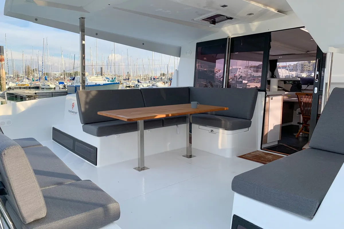 Deck of Merengue, a Fountaine Pajot Lucia 40 catamaran at Tivat, Montenegro