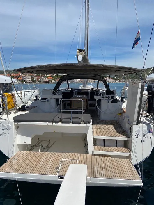 Cockpit of My Way, a Dufour Exclusive 56 sailboat at Općina Rogoznica, Croatia