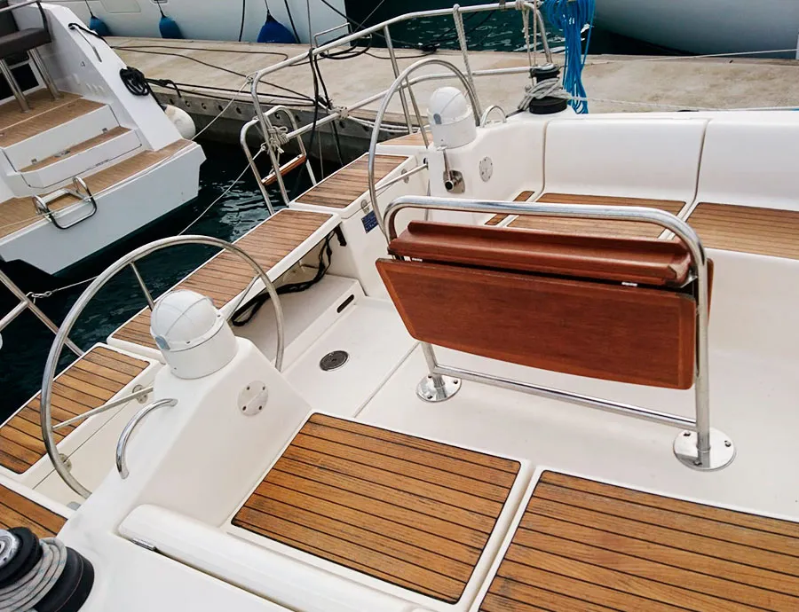 Deck of Machimbombo, a Dufour 385 Grand Large sailboat at Portimão, Portugal