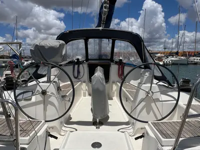 Cockpit of Machimbombo, a Dufour 385 Grand Large sailboat at Portimão, Portugal