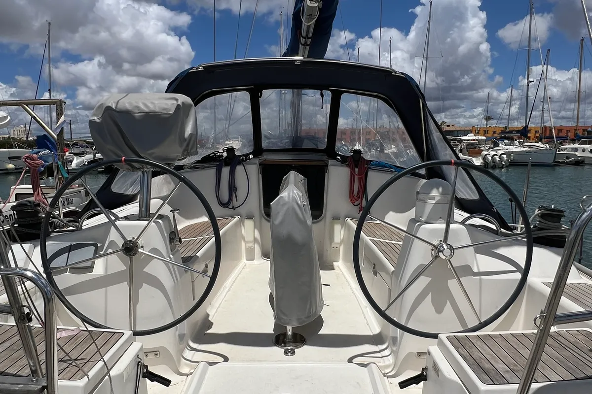 Cockpit of Machimbombo, a Dufour 385 Grand Large sailboat at Portimão, Portugal