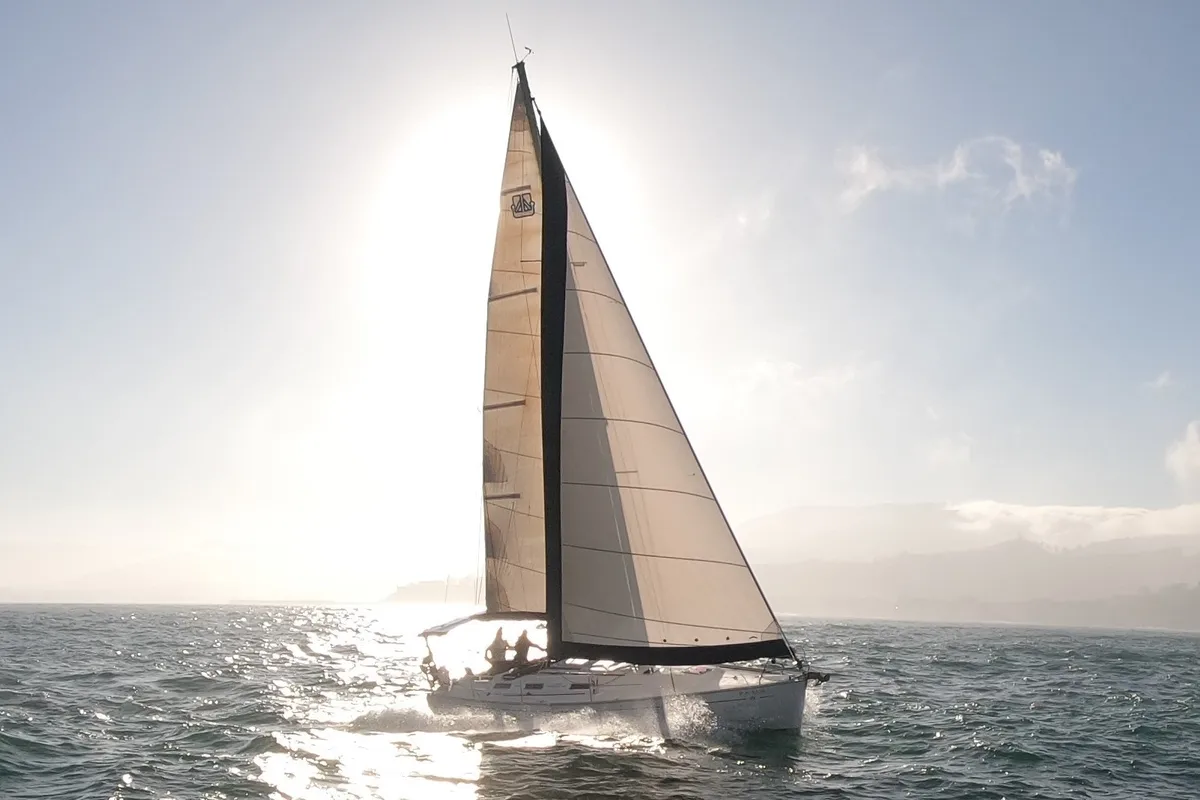 Exterior view of Machimbombo, a Dufour 385 Grand Large sailboat at Portimão, Portugal