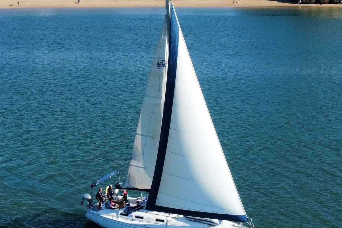 Exterior view of Machimbombo, a Dufour 385 Grand Large sailboat at Portimão, Portugal