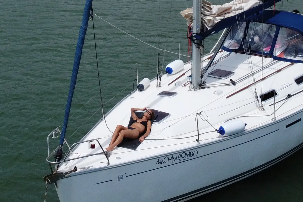 Deck of Machimbombo, a Dufour 385 Grand Large sailboat at Portimão, Portugal