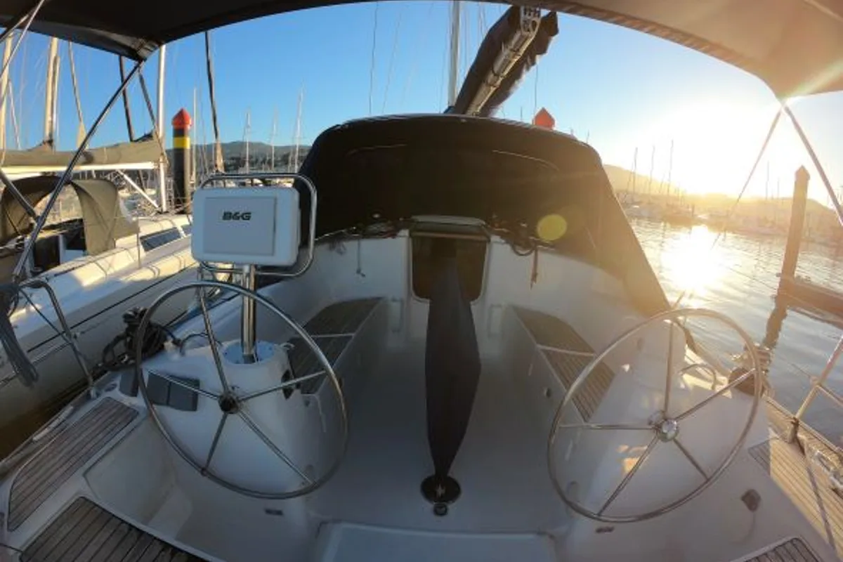 Cockpit of Machimbombo, a Dufour 385 Grand Large sailboat at Portimão, Portugal