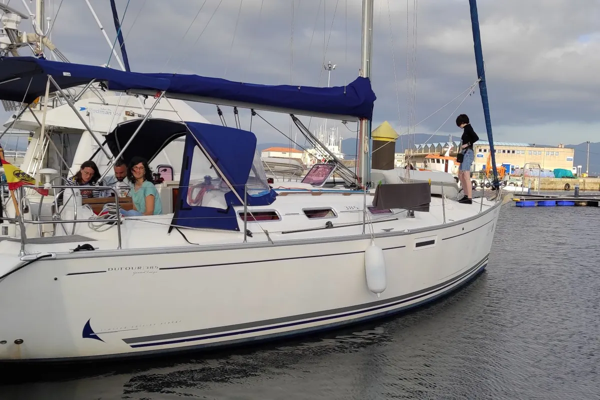 Exterior view of Machimbombo, a Dufour 385 Grand Large sailboat at Portimão, Portugal