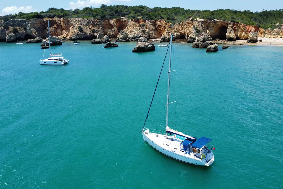 Exterior view of Machimbombo, a Dufour 385 Grand Large sailboat at Portimão, Portugal