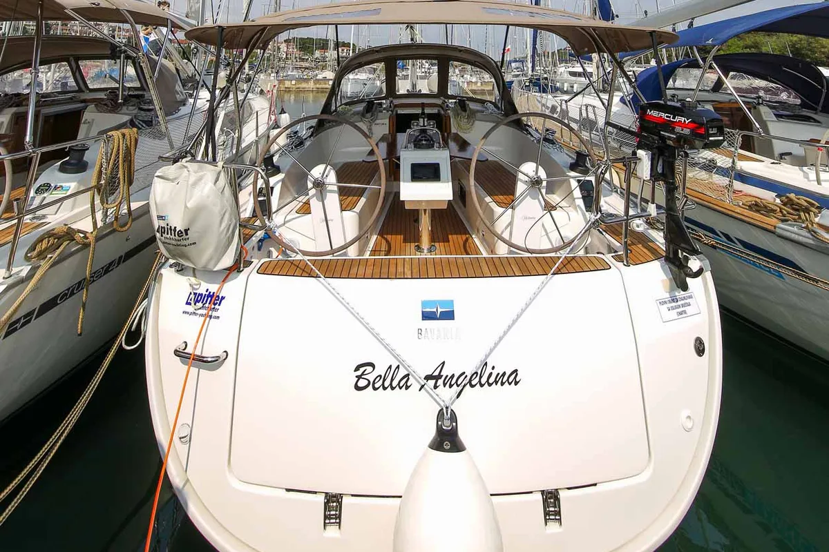 Exterior view of Bella Angelina, a Bavaria Cruiser 37 sailboat at Grad Pula, Croatia