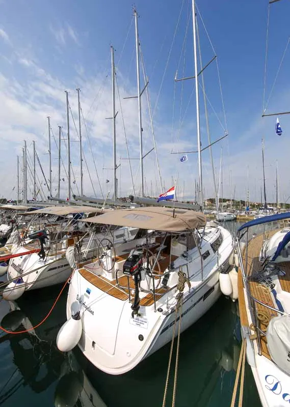 Exterior view of Bella Angelina, a Bavaria Cruiser 37 sailboat at Grad Pula, Croatia