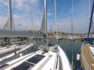 Deck of Bella Angelina, a Bavaria Cruiser 37 sailboat at Grad Pula, Croatia