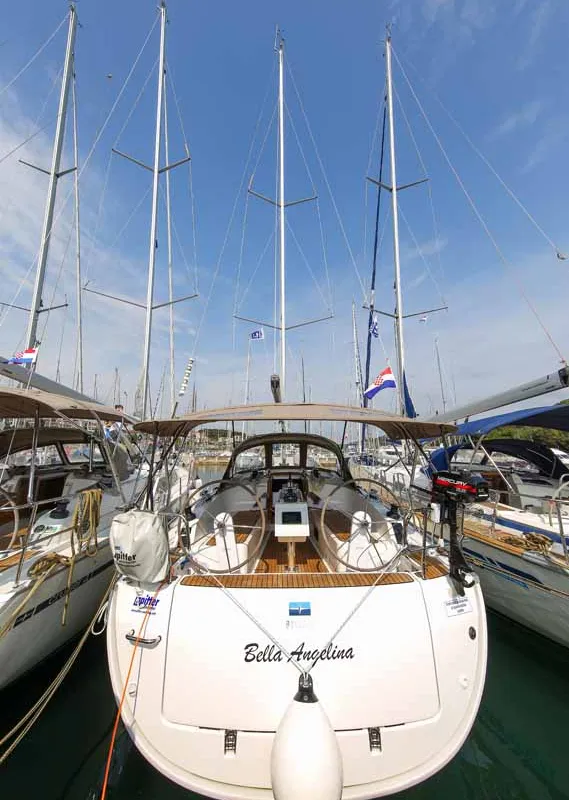 Exterior view of Bella Angelina, a Bavaria Cruiser 37 sailboat at Grad Pula, Croatia