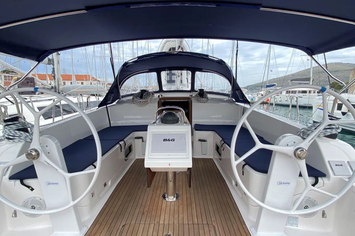 Cockpit of Tess Point, a Bavaria Cruiser 46 sailboat at Split, Croatia