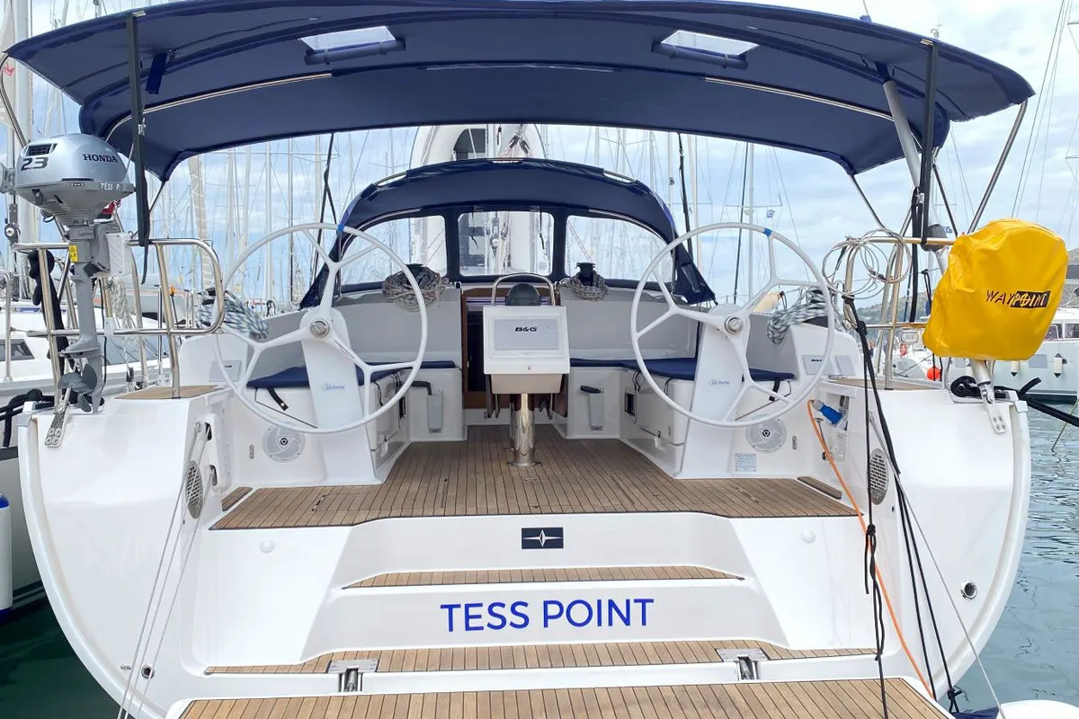 Exterior view of Tess Point, a Bavaria Cruiser 46 sailboat at Split, Croatia