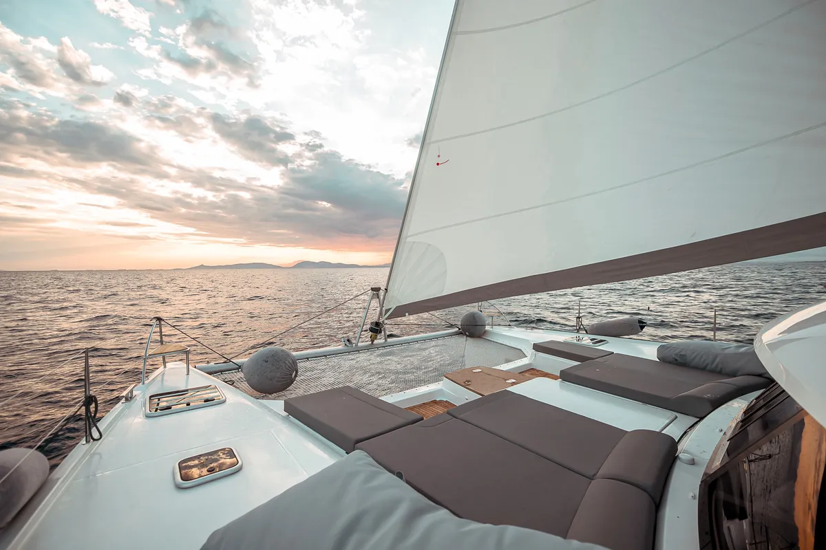 Deck of Fountaine Pajot Saba 50, a catamaran at Athens, Greece