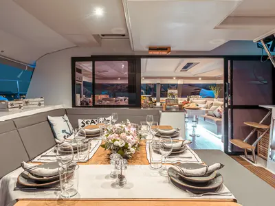 Salon of Fountaine Pajot Saba 50, a catamaran at Athens, Greece