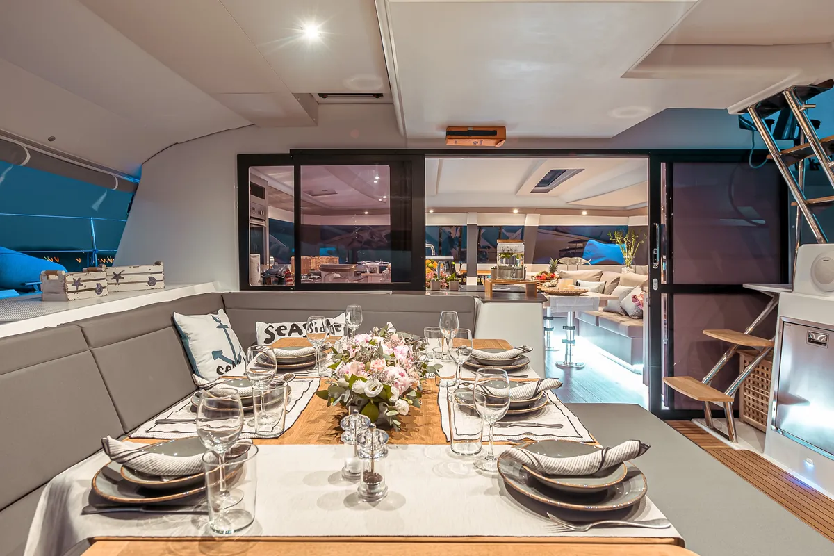 Salon of Fountaine Pajot Saba 50, a catamaran at Athens, Greece