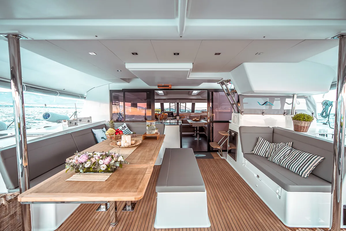 Deck of Fountaine Pajot Saba 50, a catamaran at Athens, Greece