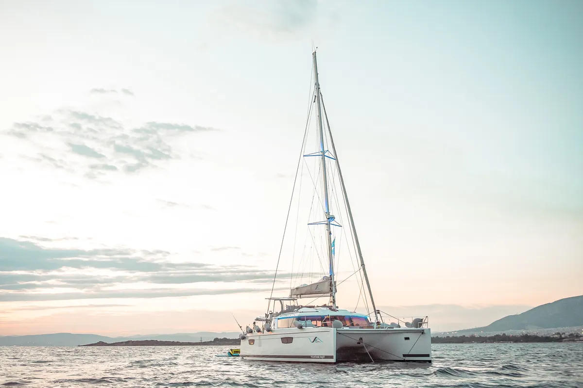 Exterior view of Fountaine Pajot Saba 50, a catamaran at Athens, Greece