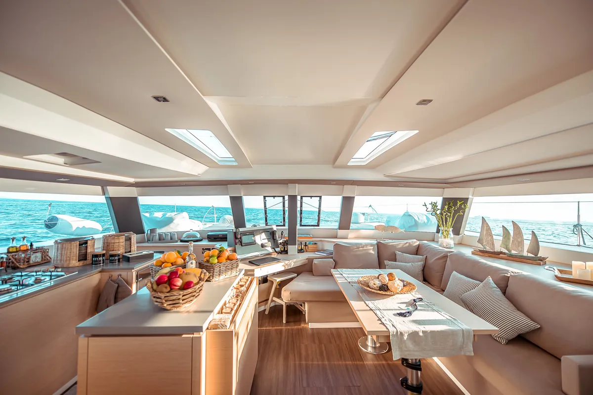 Salon of Fountaine Pajot Saba 50, a catamaran at Athens, Greece