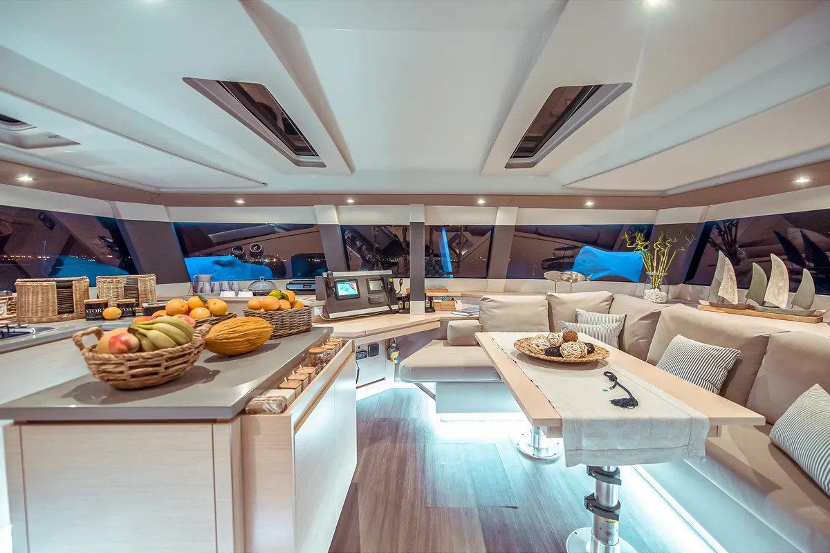 Salon of Fountaine Pajot Saba 50, a catamaran at Athens, Greece