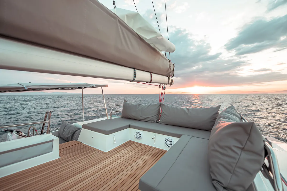 Deck of Fountaine Pajot Saba 50, a catamaran at Athens, Greece