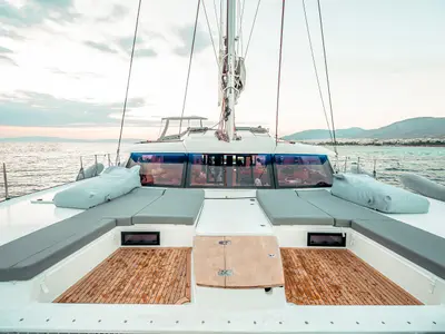 Deck of Fountaine Pajot Saba 50, a catamaran at Athens, Greece