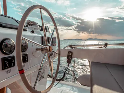 Cockpit of Fountaine Pajot Saba 50, a catamaran at Athens, Greece
