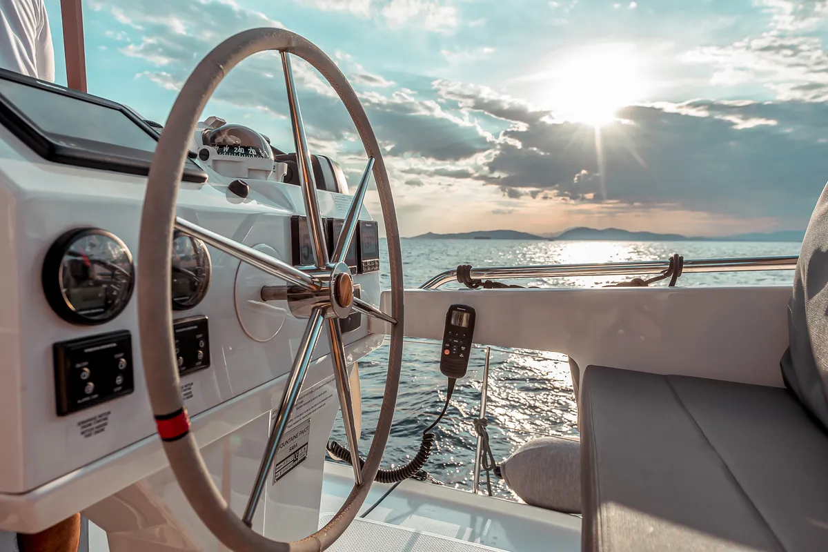 Cockpit of Fountaine Pajot Saba 50, a catamaran at Athens, Greece