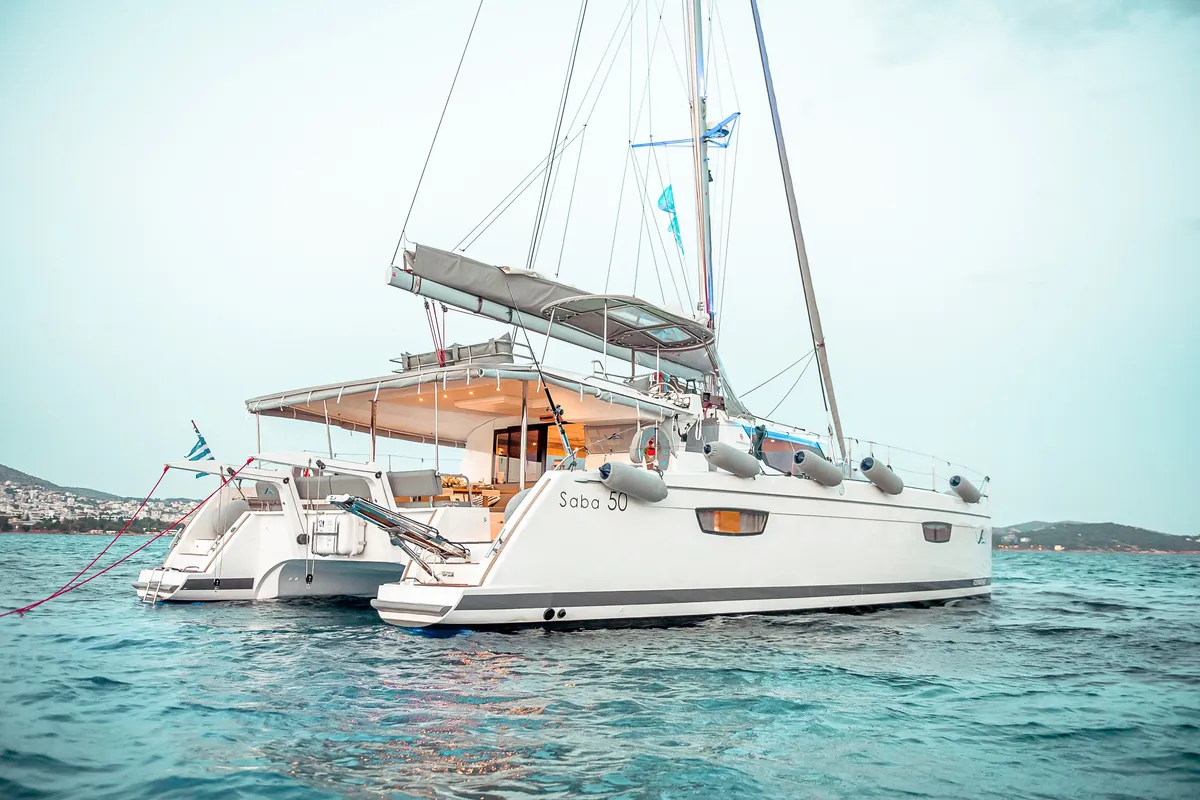 Exterior view of Fountaine Pajot Saba 50, a catamaran at Athens, Greece
