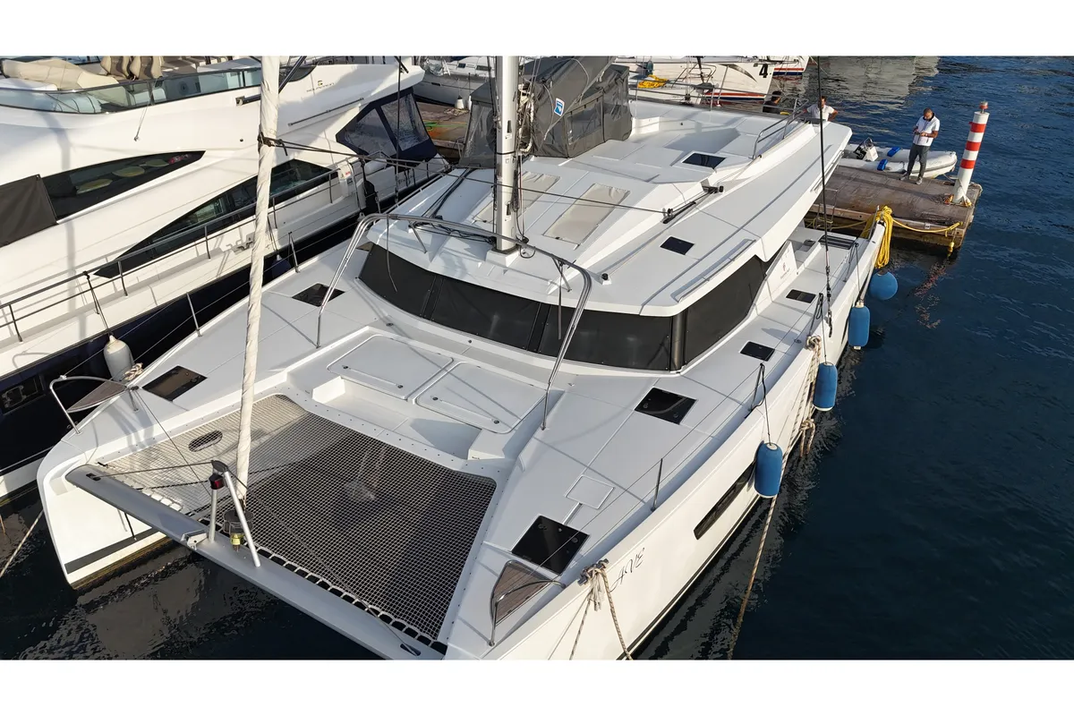 Exterior view of Fountaine Pajot Elba 45, a catamaran at Marmaris, Turkey