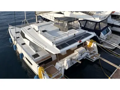Exterior view of Fountaine Pajot Elba 45, a catamaran at Marmaris, Turkey