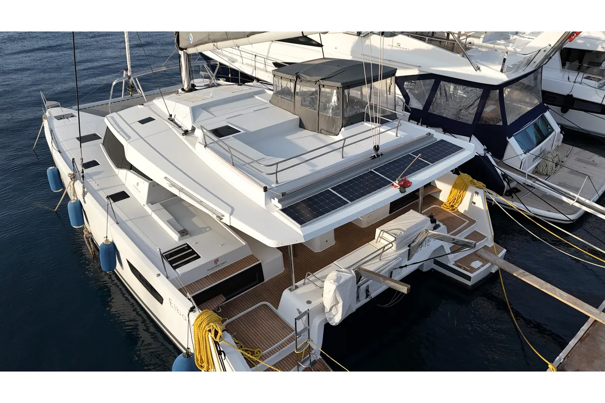 Exterior view of Fountaine Pajot Elba 45, a catamaran at Marmaris, Turkey