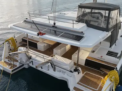 Deck of Fountaine Pajot Elba 45, a catamaran at Marmaris, Turkey