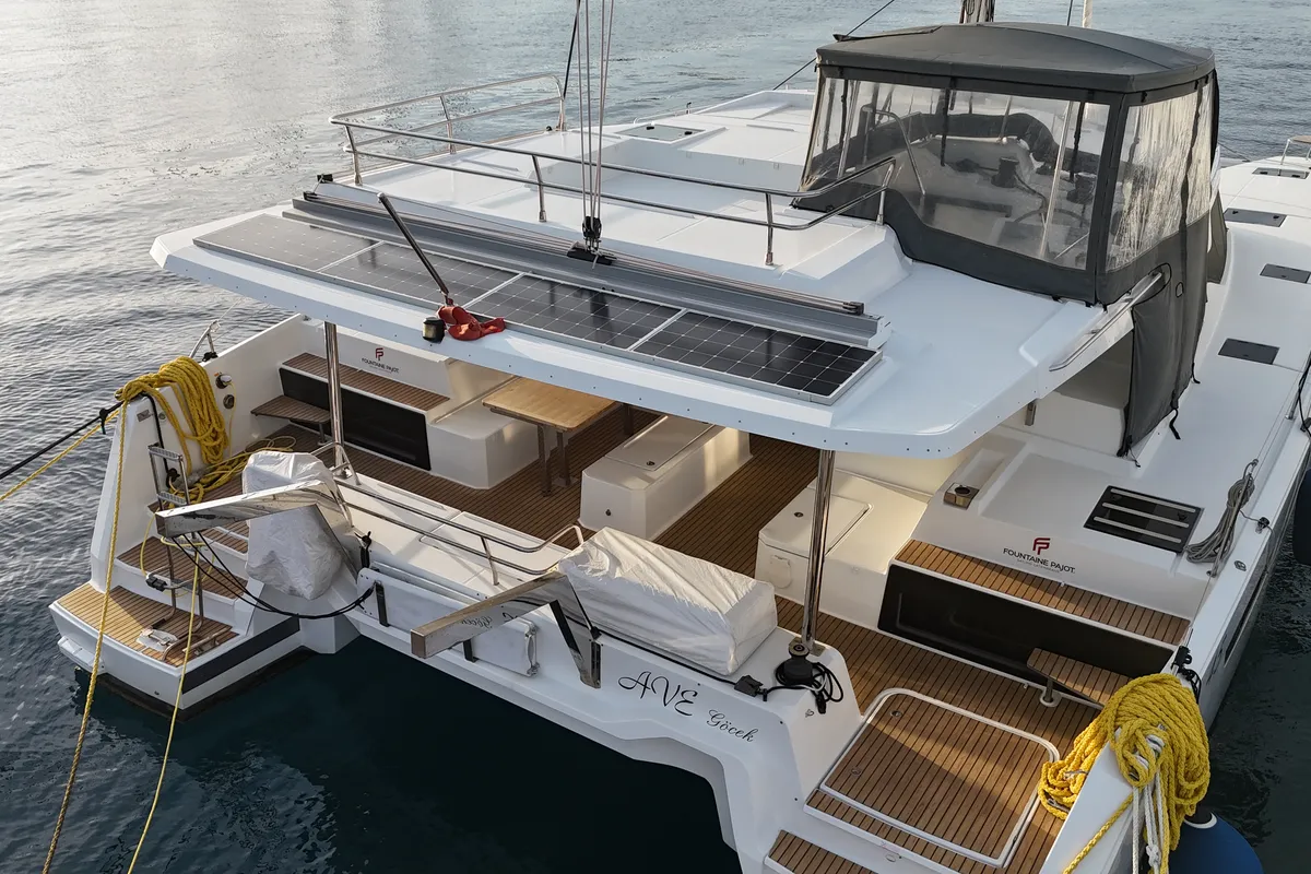 Deck of Fountaine Pajot Elba 45, a catamaran at Marmaris, Turkey