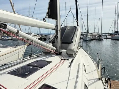 Deck of Paola, a Bavaria 40 Cruiser sailboat at Kavala, Greece