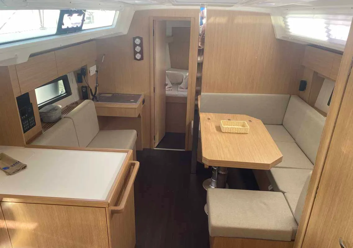 Salon of Sirius-Ada, a Bavaria C38 sailboat at Fethiye, Turkey