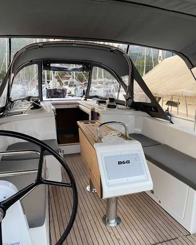 Cockpit of Sirius-Ada, a Bavaria C38 sailboat at Fethiye, Turkey