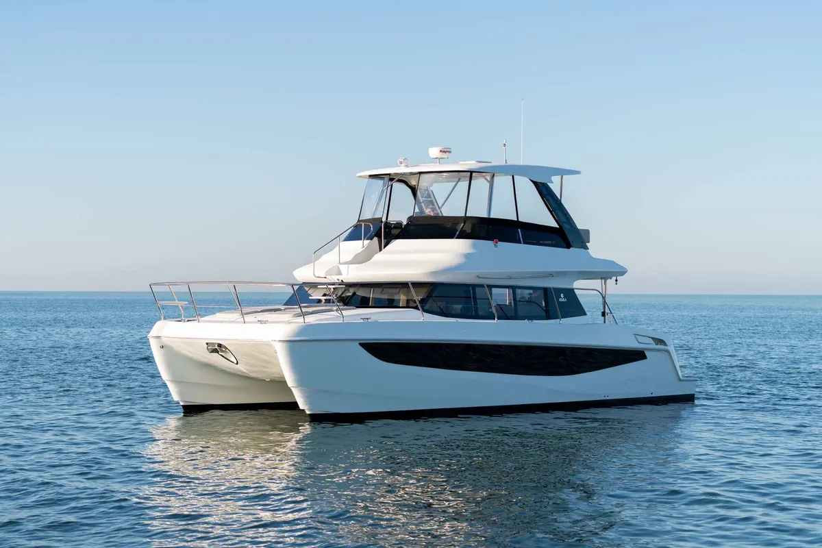 Exterior view of Seaduction, a Aquila 42 catamaran at Lavrion, Greece