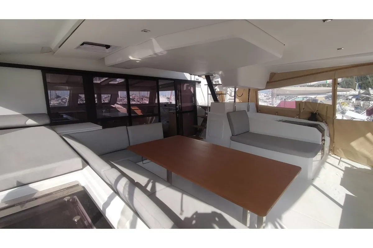 Deck of Celestia - A/C, Generator, Water maker, a Fountaine Pajot Aura 51 catamaran at Castellammare di Stabia, Italy