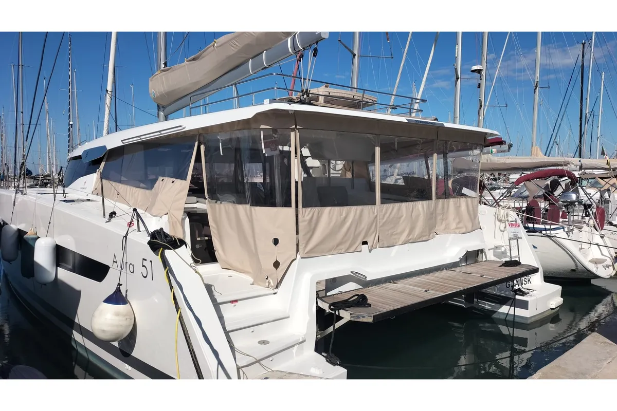 Exterior view of Celestia - A/C, Generator, Water maker, a Fountaine Pajot Aura 51 catamaran at Castellammare di Stabia, Ita…