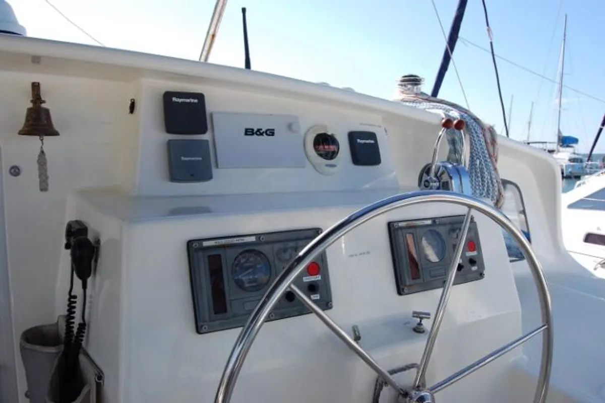 Cockpit of Alboran Mahanga (Majorca), a Voyage 440 catamaran at es Jonquet, Spain