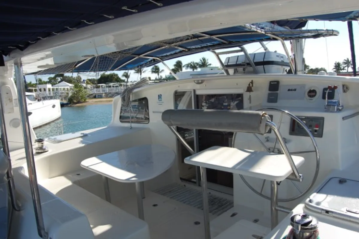Cockpit of Alboran Mahanga (Majorca), a Voyage 440 catamaran at es Jonquet, Spain
