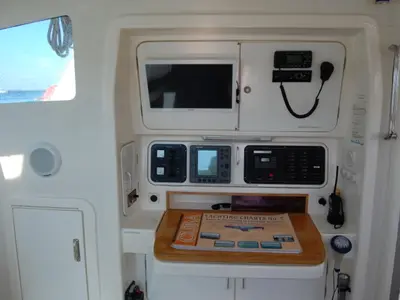 Cockpit of Alboran Mahanga (Majorca), a Voyage 440 catamaran at es Jonquet, Spain