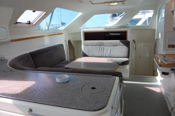 Salon of Alboran Mahanga (Majorca), a Voyage 440 catamaran at es Jonquet, Spain