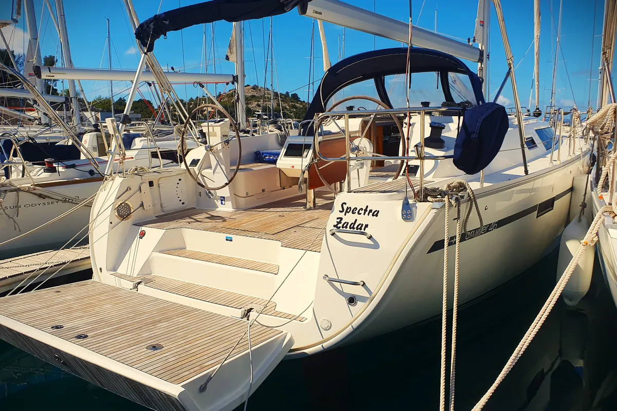 Exterior view of Spectra, a Bavaria Cruiser 46 sailboat at Pakoštane, Croatia