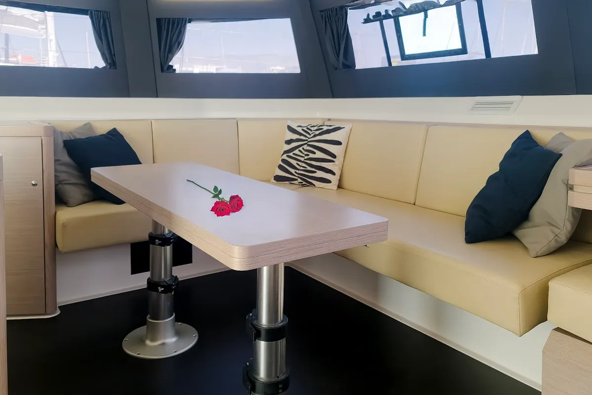 Salon of Danai, a Dufour 48 Catamaran catamaran at Agios Stefanos, Greece